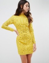 Party Dresses – Going Out Fashion – ASOS Mirror and Embroidered Yellow Cut Out Back Mini Dress