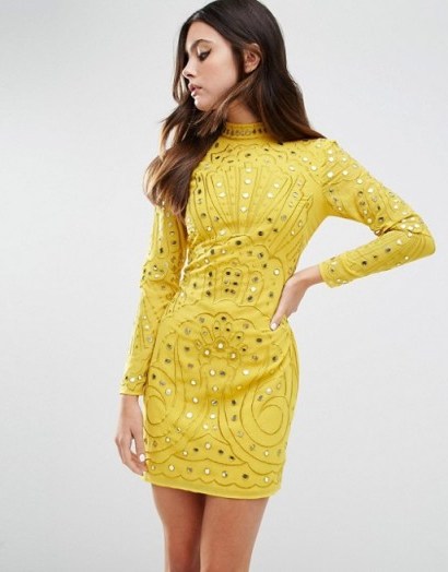 Party Dresses – Going Out Fashion – ASOS Mirror and Embroidered Yellow Cut Out Back Mini Dress - flipped