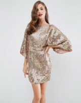 ASOS RED CARPET Gold Disc Sequin Mini Kimono Dress – shimmering party dresses – plunge black – wide sleeves – glamorous evening wear – going out glamour – metallic – sequins