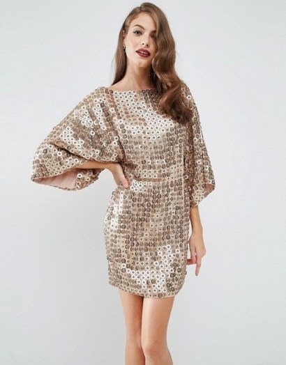 ASOS RED CARPET Gold Disc Sequin Mini Kimono Dress – shimmering party dresses – plunge black – wide sleeves – glamorous evening wear – going out glamour – metallic – sequins - flipped