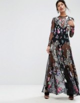 ASOS SALON Embellished Bird Floral Maxi Dress in Black