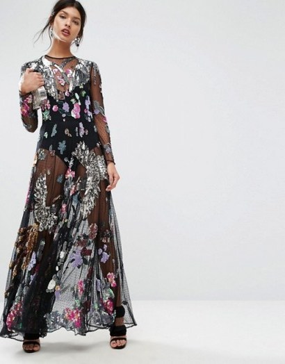 ASOS SALON Embellished Bird Floral Maxi Dress in Black - flipped
