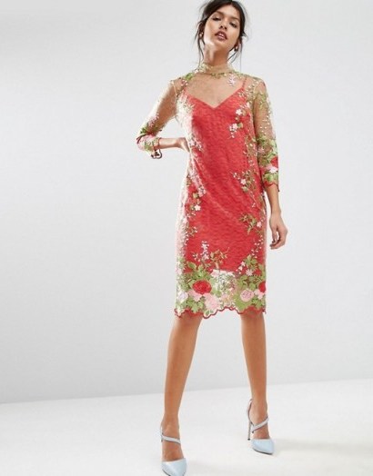 ASOS SALON Floral Embroidered Midi Dress in Red - flipped
