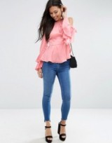 ASOS Satin Top with Cold Shoulder & Ruffle Sleeve in dusty pink