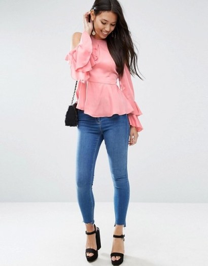 ASOS Satin Top with Cold Shoulder & Ruffle Sleeve in dusty pink - flipped
