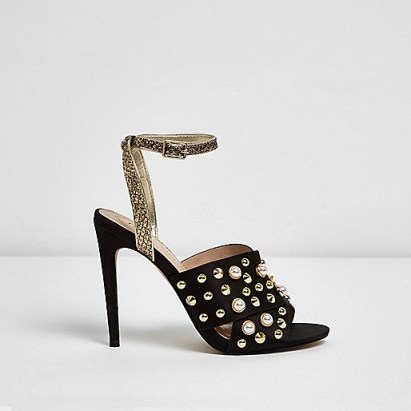 River Island Black embellished cross strap heel sandals – high heels – going out shoes – party accessories – pearl embellishments - flipped