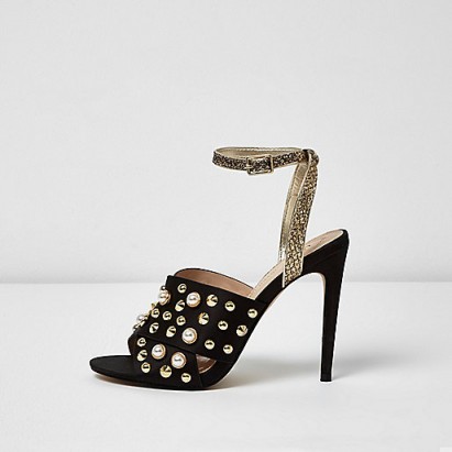 River Island Black embellished cross strap heel sandals – high heels – going out shoes – party accessories – pearl embellishments
