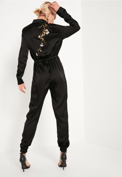 Missguided black embroidered back satin shirt jumpsuit. Slinky shirt style jumpsuits | on-trend fashion - flipped