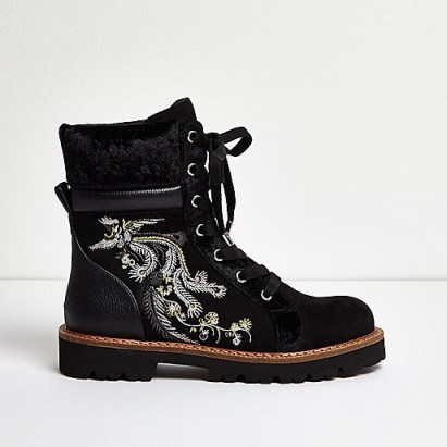 River Island Black embroidered panel utility boots – autumn weekend footwear - flipped