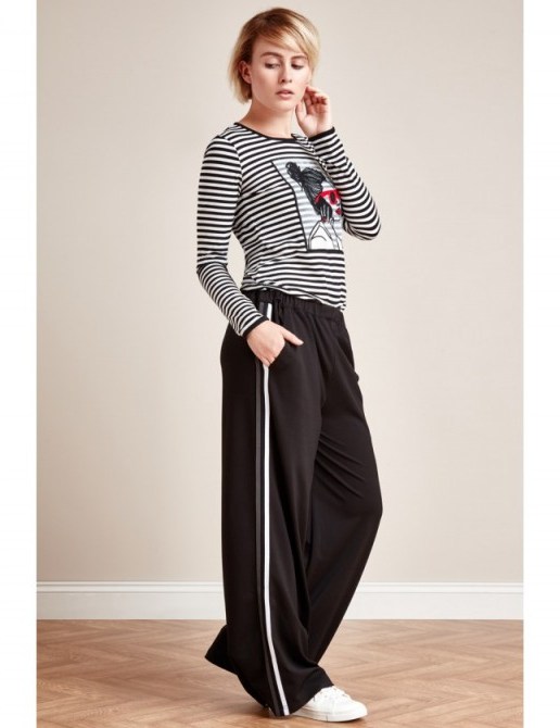 Goddiva x Alina Tsevina Black Jogger Pants with White and Grey Stripe ~ wide leg joggers ~ casual weekend fashion - flipped