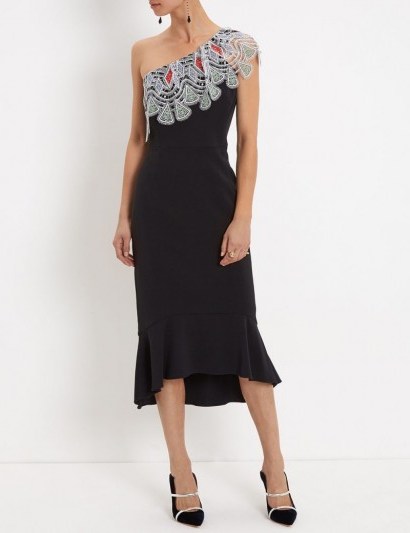 PETER PILOTTO Black Lace Ruffle One-Shoulder Dress with High-Low Ruffled Hemline - flipped