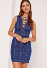 Missguided blue lace front fitted denim dress. Sleeveless bodycon dresses | casual on-trend fashion