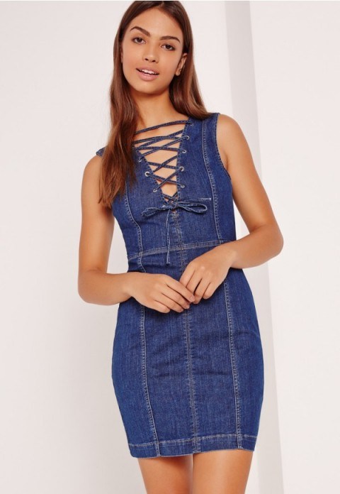 Missguided blue lace front fitted denim dress. Sleeveless bodycon dresses | casual on-trend fashion - flipped