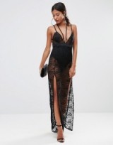 Boohoo Halloween Black Lace Maxi Dress With Split and Concealed Body – long sheer party dresses – going out glamour – plunge front evening fashion