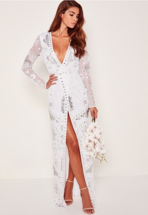 Missguided bridal sequin wrap maxi dress in white | Plunge front dresses | on trend fashion - flipped