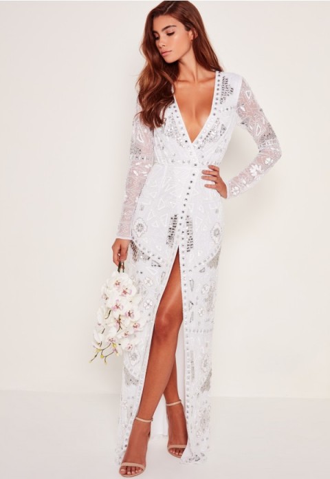 Missguided bridal sequin wrap maxi dress in white | Plunge front dresses | on trend fashion