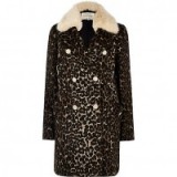 River Island Brown leopard print faux fur trim overcoat