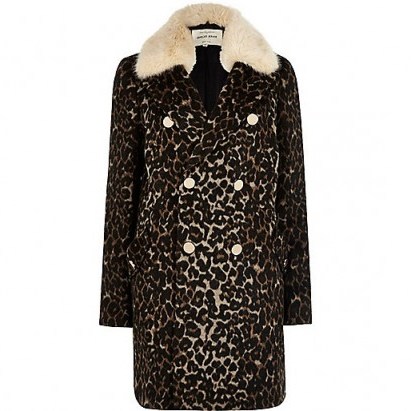 River Island Brown leopard print faux fur trim overcoat - flipped