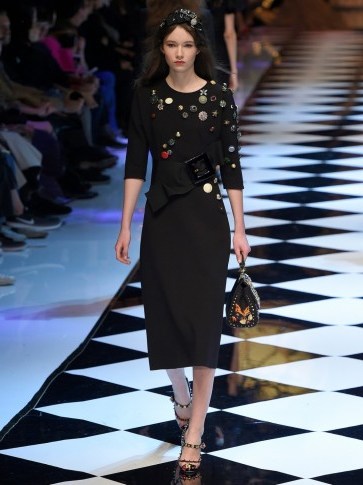 DOLCE & GABBANA Button-embellished wool-blend dress in black - flipped