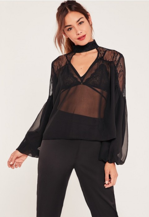 Missguided x caroline receveur black lace insert blouse. Sheer blouses | feminine style tops | affordable luxe | on-trend fashion