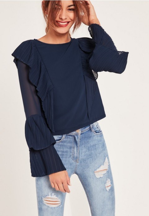 Missguided x Caroline Receveur navy pleated frill blouse. Blue ruffled blouses | pleats | frilled tops | feminine clothing | on-trend fashion - flipped