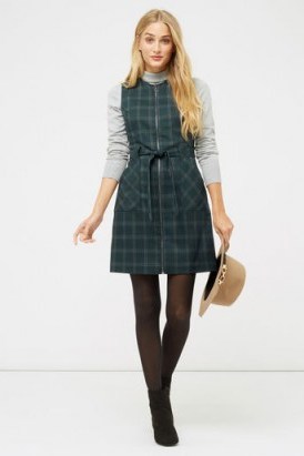 Oasis Green Check Zip Front Dress – Autumn shift dresses – winter day fashion – sleeveless belted shift – checks - flipped
