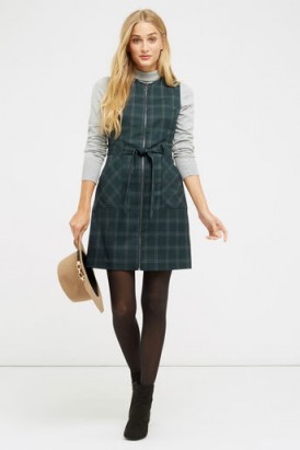 Oasis Green Check Zip Front Dress – Autumn shift dresses – winter day fashion – sleeveless belted shift – checks