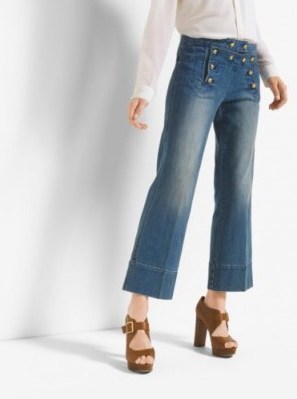 MICHAEL MICHAEL KORS Cropped Wide Leg Sailor Jeans in Light Cadet Wash. Blue denim | crop leg | 70s style flares | front button detail | on trend fashion | casual designer clothing - flipped