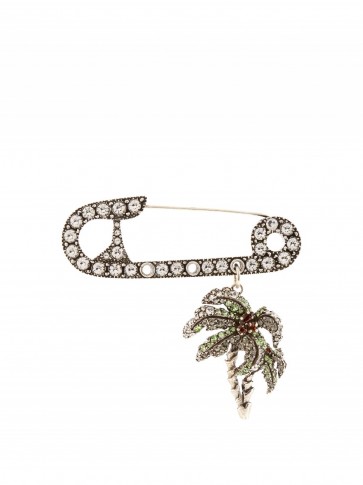 SONIA RYKIEL Crystal-embellished safety pin and palm tree brooch – large designer brooches – coloured crystals – statement jewellery – eye-catching accessories