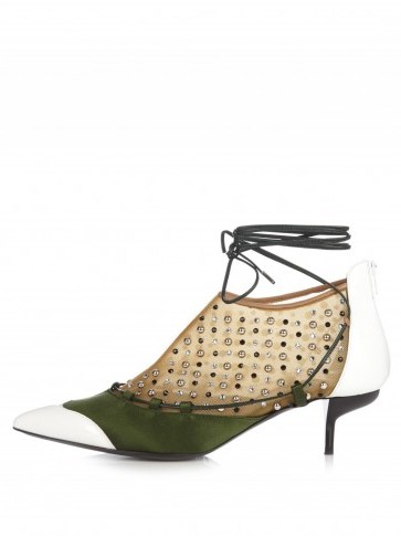 J.W.ANDERSON Embellished lace-up white leather and green satin pumps – luxe designer shoes - flipped