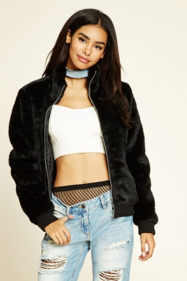 Forever 21 Black Faux Fur Bomber Jacket. Fluffy winter jackets | on-trend outerwear | trending fashion - flipped