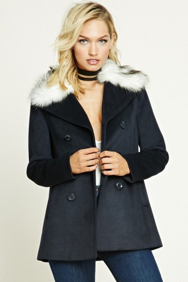 Forever 21 faux fur collar coat in navy/cream. Winter coats | affordable outerwear | on-trend fashion - flipped