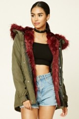 FOREVER 21 Faux Fur Hooded Parka in olive/burgundy. Winter coats | on-trend parkas | red and green coats