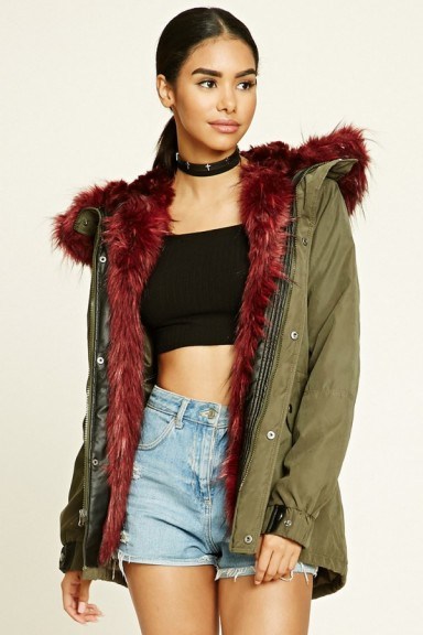 FOREVER 21 Faux Fur Hooded Parka in olive/burgundy. Winter coats | on-trend parkas | red and green coats - flipped