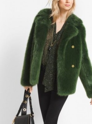 Michael Michael Kors moss-green faux fur peacoat. This coat adds a glamorous touch to any stylish Winter outfit | seasonal wardrobe essential | womens outerwear essentials | warm classic jackets | chic furry jackets | luxe fashion | designer clothing - flipped
