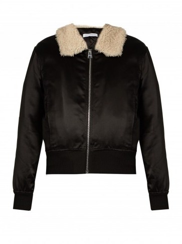 J.W.ANDERSON Floral-appliqué black silk bomber jacket with shearling collar – designer jackets - flipped