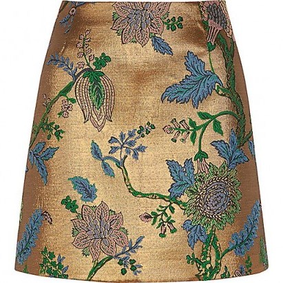 River Island Gold floral embroidered mini skirt – jacquard skirts – autumn/winter fashion – rich seasonal fabrics - flipped