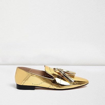 River Island gold perforated patent tassel loafers - flipped