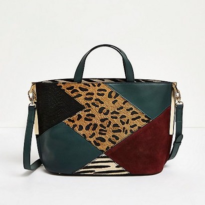 River Island Green patchwork leather tote bag – autumnal mixed prints - flipped