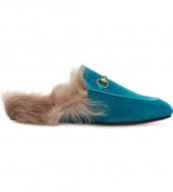 GUCCI Princetown blue velvet shearling lined slippers