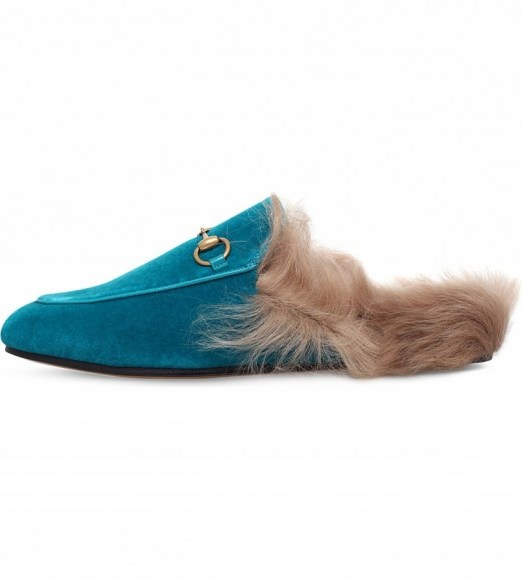 GUCCI Princetown blue velvet shearling lined slippers - flipped