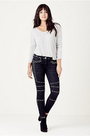 True Religion Halle super skinny moto cropped crystal studded jeans in black moonstone - flipped