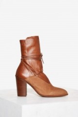 Intentionally Blank Pepper Brown Leather & suede Boot – wrap and tie ankle boots – block heel – high heels – stylish footwear – autumn/winter fashion –