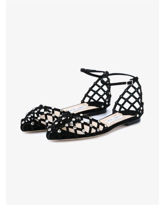 JIMMY CHOO Davinia Flat Black Suede Crystal Studded Sandals - flipped