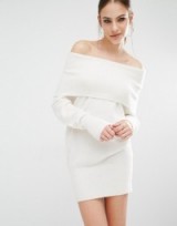 Kendall + Kylie Fuzzy Knit Tunic Dress in off white ~ bardot sweater dresses ~ on trend knitwear ~ winter knitted fashion ~ off the shoulder