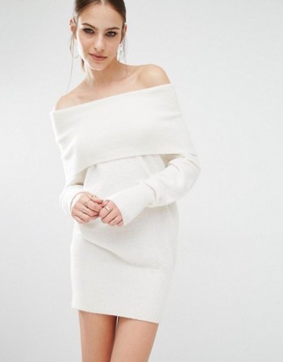Kendall + Kylie Fuzzy Knit Tunic Dress in off white ~ bardot sweater dresses ~ on trend knitwear ~ winter knitted fashion ~ off the shoulder - flipped