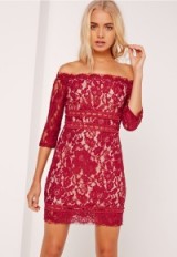Missguided burgundy lace bardot bodycon dress – red off the shoulder party dresses – going out glamour – glamorous evening fashion