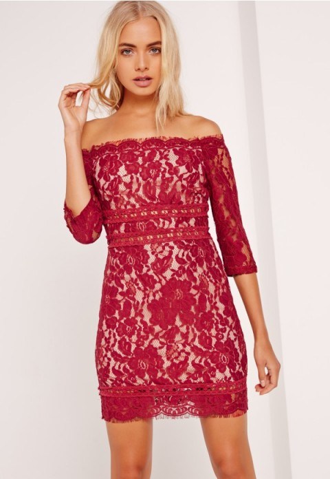 Missguided burgundy lace bardot bodycon dress – red off the shoulder party dresses – going out glamour – glamorous evening fashion - flipped