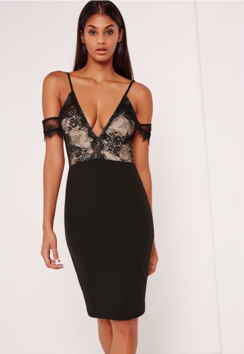 missguided black lace cold shoulder midi dress - flipped