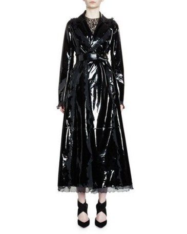Kris Jenner fashion ~ Lanvin Belted Patent-Leather Trench Coat W/Ruffle Trim in black – as worn by Kris Jenner at Paris Fashion Week, September 2016. - flipped